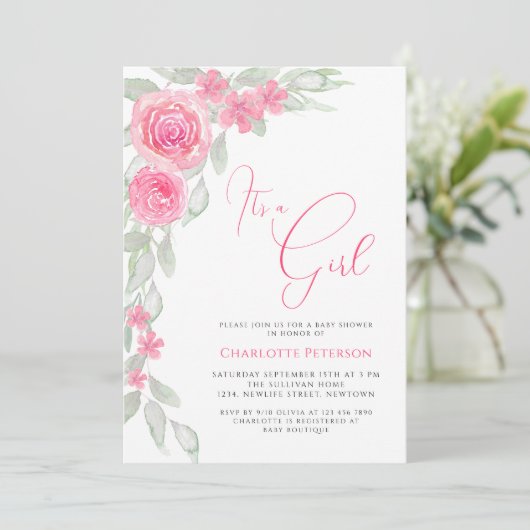 Roze Bloemen Elegante Boho Het is een Meisje Baby  Kaart (Staand voorkant)