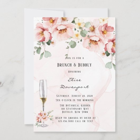 Roze Bloemen Elegante Eucalyptus Brunch & Bubbly Kaart (Voorkant)