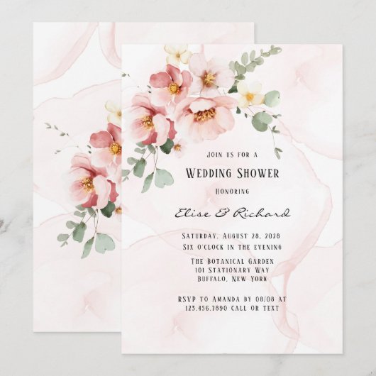 Roze Bloemen Elegante Eucalyptus Trouwdouche Kaart (Voorkant / Achterkant)