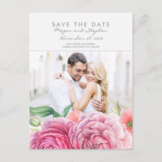 Roze Bloemen Elegante Foto Save the Date Aankondigingskaart (Voorkant)