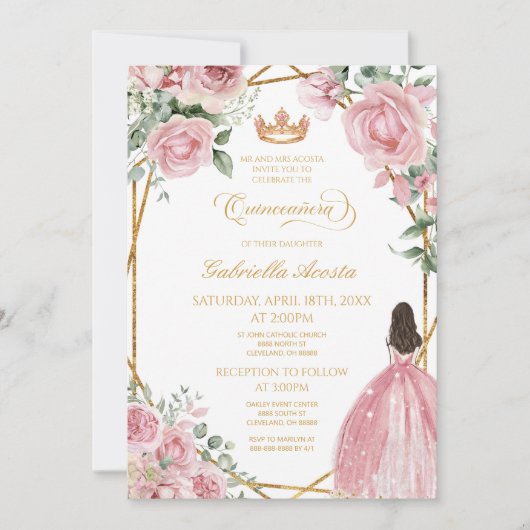 Roze Bloemen Elegante Jurk Goud Lijst Quinceanera Kaart (Voorkant)
