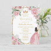 Roze Bloemen Elegante Jurk Goud Lijst Quinceanera Kaart (Staand voorkant)
