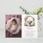 Roze Bloemen Elegante Kruisdoop Foto Kaart (Staand voorkant)