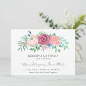 Roze Bloemen Elegante Spaanse bruiloft Save The Date (Staand voorkant)