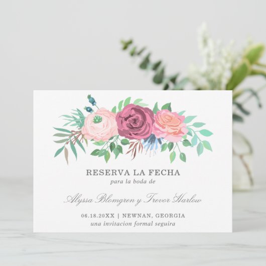 Roze Bloemen Elegante Spaanse bruiloft Save The Date (Staand voorkant)