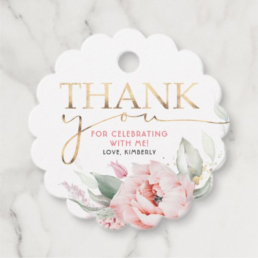 Roze Bloemen Elegante Verjaardag Dank u Bedankjes Labels (Voorkant)