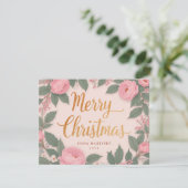 Roze Bloemen Elegante Vrolijke Kerstvakantie Kaart (Staand voorkant)