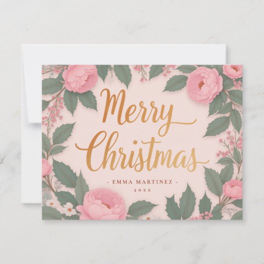 Roze Bloemen Elegante Vrolijke Kerstvakantie Kaart (Voorkant)