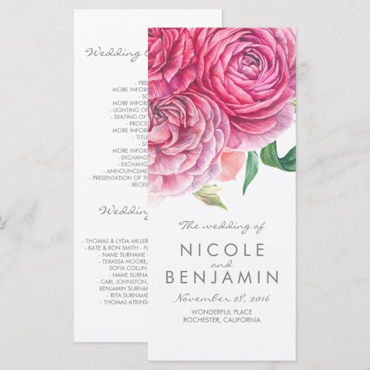 Roze Bloemen Elegante Waterverf Trouwprogramma's Programmakaart (Voorkant / Achterkant)