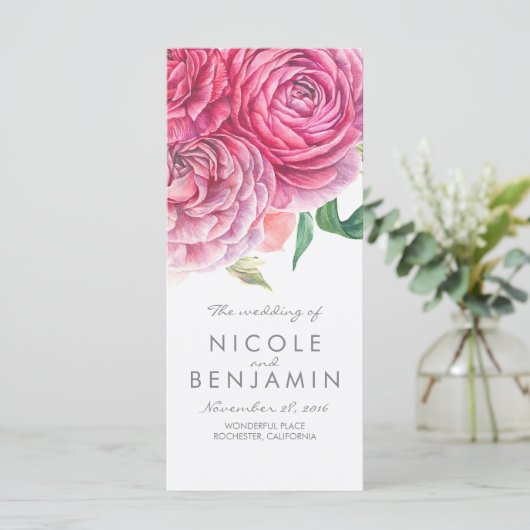 Roze Bloemen Elegante Waterverf Trouwprogramma's Programmakaart (Staand voorkant)