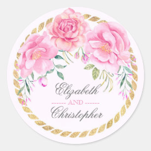 Roze Bloemen Elegante Waterverven Gouden Wrap Brui Ronde Sticker