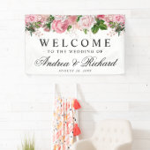 Roze Bloemen Elegante Welkom Trouwbanner Spandoek (Insitu)