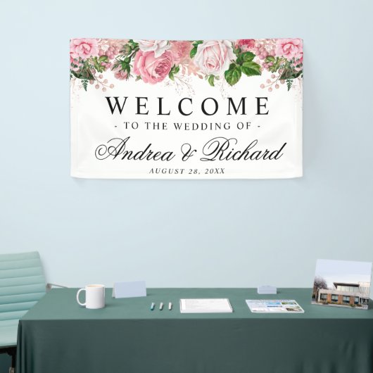 Roze Bloemen Elegante Welkom Trouwbanner Spandoek (Beurs)