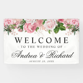 Roze Bloemen Elegante Welkom Trouwbanner Spandoek