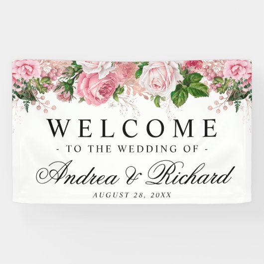 Roze Bloemen Elegante Welkom Trouwbanner Spandoek (Horizontaal)