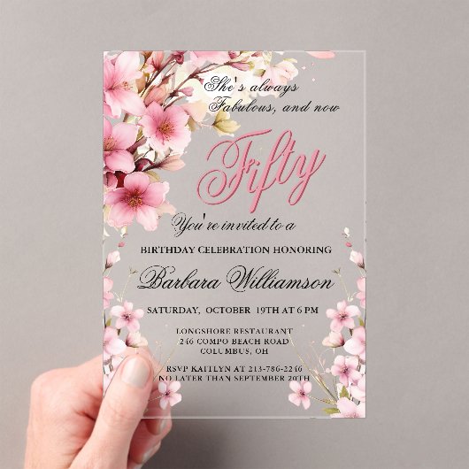 Roze Bloemen Elegantie 50e & Fab Verjaardagsfeest Acryl Uitnodigingen (Insitu (Draagbaar))