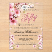 Roze Bloemen Elegantie 50e & Fab Verjaardagsfeest Acryl Uitnodigingen (Voorkant)