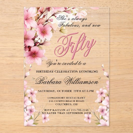 Roze Bloemen Elegantie 50e & Fab Verjaardagsfeest Acryl Uitnodigingen (Voorkant)