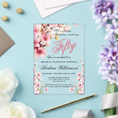 Roze Bloemen Elegantie 50e & Fab Verjaardagsfeest Acryl Uitnodigingen (Insitu (Huwelijk))