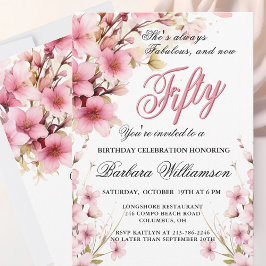 Roze Bloemen Elegantie 50e & Fab Verjaardagsfeest Feestdagenkaart