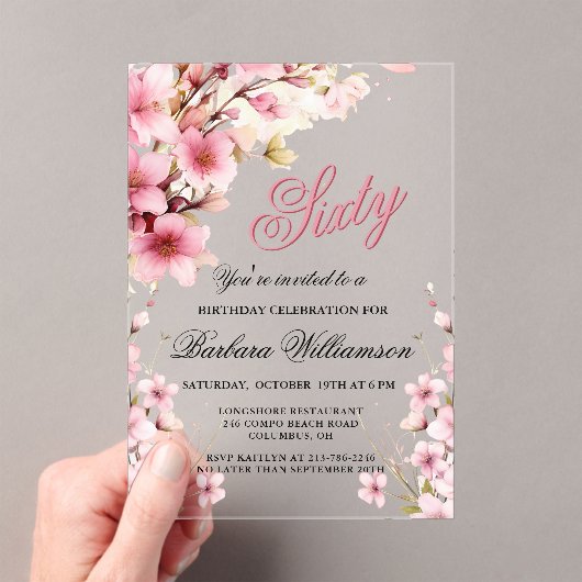 Roze Bloemen Elegantie 60ste Verjaardag Party Acryl Uitnodigingen (Insitu (Draagbaar))