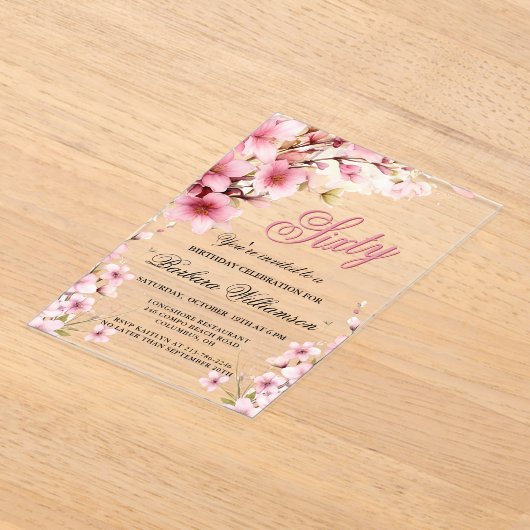 Roze Bloemen Elegantie 60ste Verjaardag Party Acryl Uitnodigingen (Laagn)