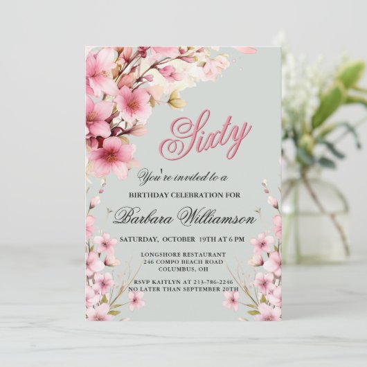 Roze Bloemen Elegantie 60ste Verjaardag Party Kaart (Staand voorkant)