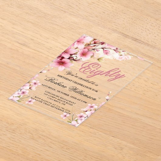 Roze Bloemen Elegantie 80ste Verjaardagsfeest Acryl Uitnodigingen (Laagn)