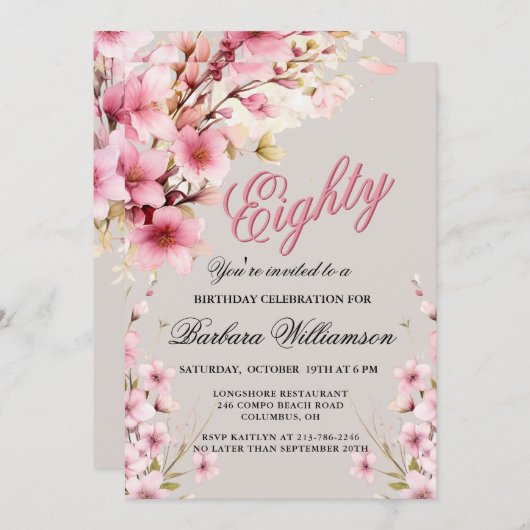Roze Bloemen Elegantie 80ste Verjaardagsfeest Kaart (Voorkant / Achterkant)