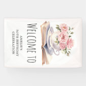 Roze Bloemen Elk Leeftijd Boek Thema Verjaardag We Spandoek (Horizontaal)