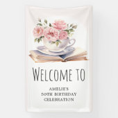 Roze Bloemen Elk Leeftijd Boek Thema Verjaardag We Spandoek (Verticaal)