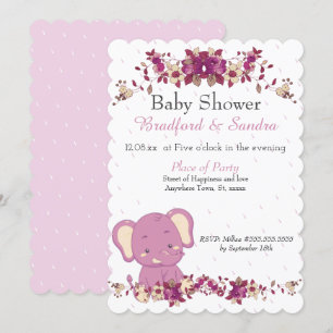 Roze bloemen, ellephant Chic Simple Baby shower Ui Kaart