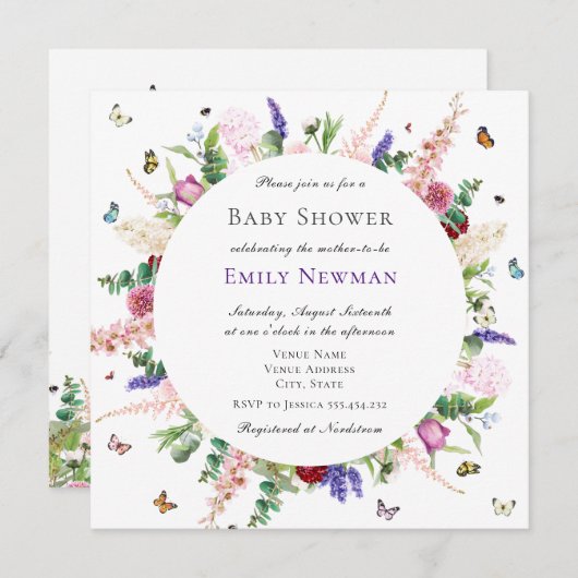 Roze bloemen en Baby shower van Butterflies Kaart (Voorkant / Achterkant)