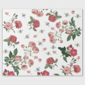 Roze bloemen en  bijen cadeaupapier (Vlak)