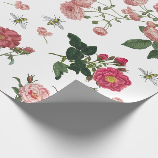 Roze bloemen en  bijen cadeaupapier (Hoek)