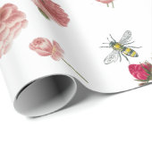 Roze bloemen en  bijen cadeaupapier (Rol Hoek)