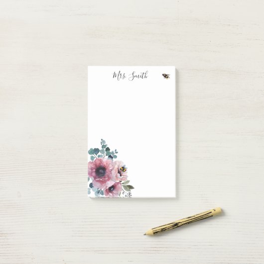 Roze bloemen en bijen post-it® notes (Op bureau)