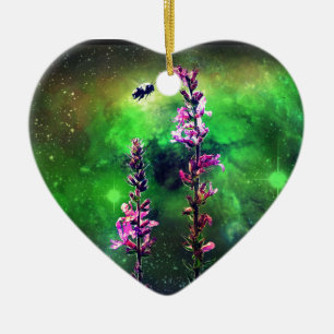Roze bloemen en bijen tegen de wereld keramisch ornament