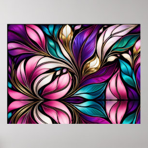 Roze Bloemen en bladeren Glas in lood Kijk Poster