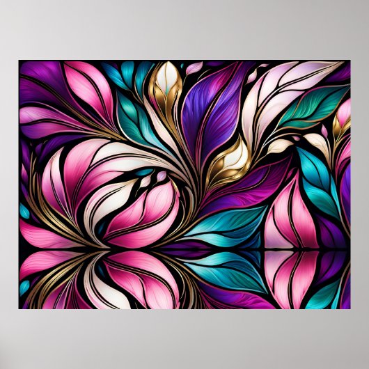 Roze Bloemen en bladeren Glas in lood Kijk Poster (Voorkant)