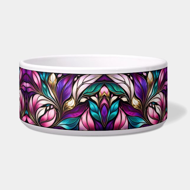 Roze Bloemen en bladeren Glas in lood Kijk Voerbakje (Voorkant)