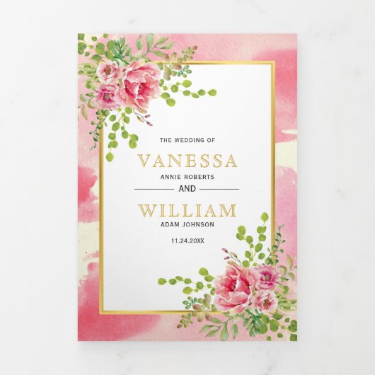 Roze bloemen en bladeren lente bloemstuk boho brui drieluik uitnodiging (Cover)