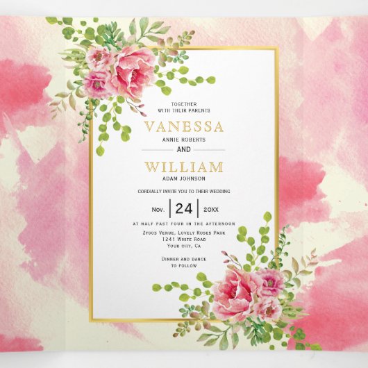 Roze bloemen en bladeren lente bloemstuk boho brui drieluik uitnodiging (Binnenkant midden)