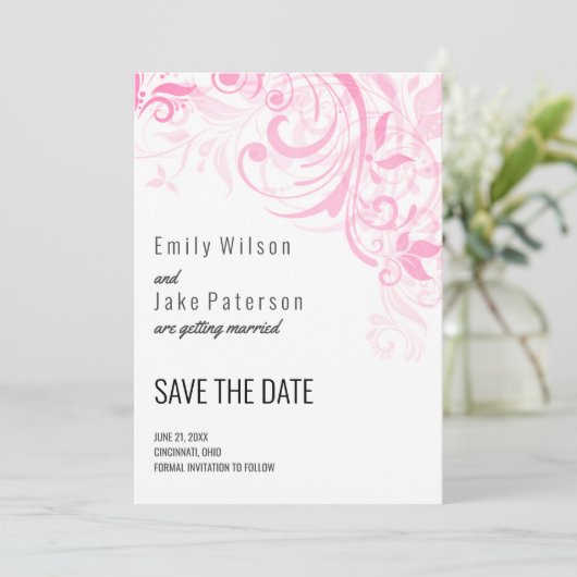 Roze bloemen en bladeren save the date (Staand voorkant)
