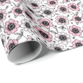 Roze bloemen en bladeren schetsontwerp cadeaupapier (Rol Hoek)
