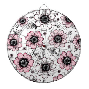 Roze bloemen en bladeren schetsontwerp dartbord