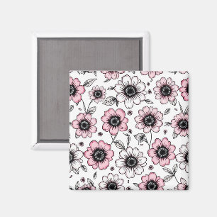 Roze bloemen en bladeren schetsontwerp magneet