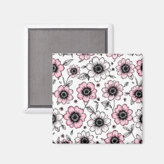 Roze bloemen en bladeren schetsontwerp magneet