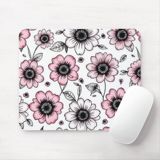 Roze bloemen en bladeren schetsontwerp muismat (Met muis)