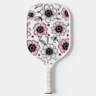 Roze bloemen en bladeren schetsontwerp pickleball paddle